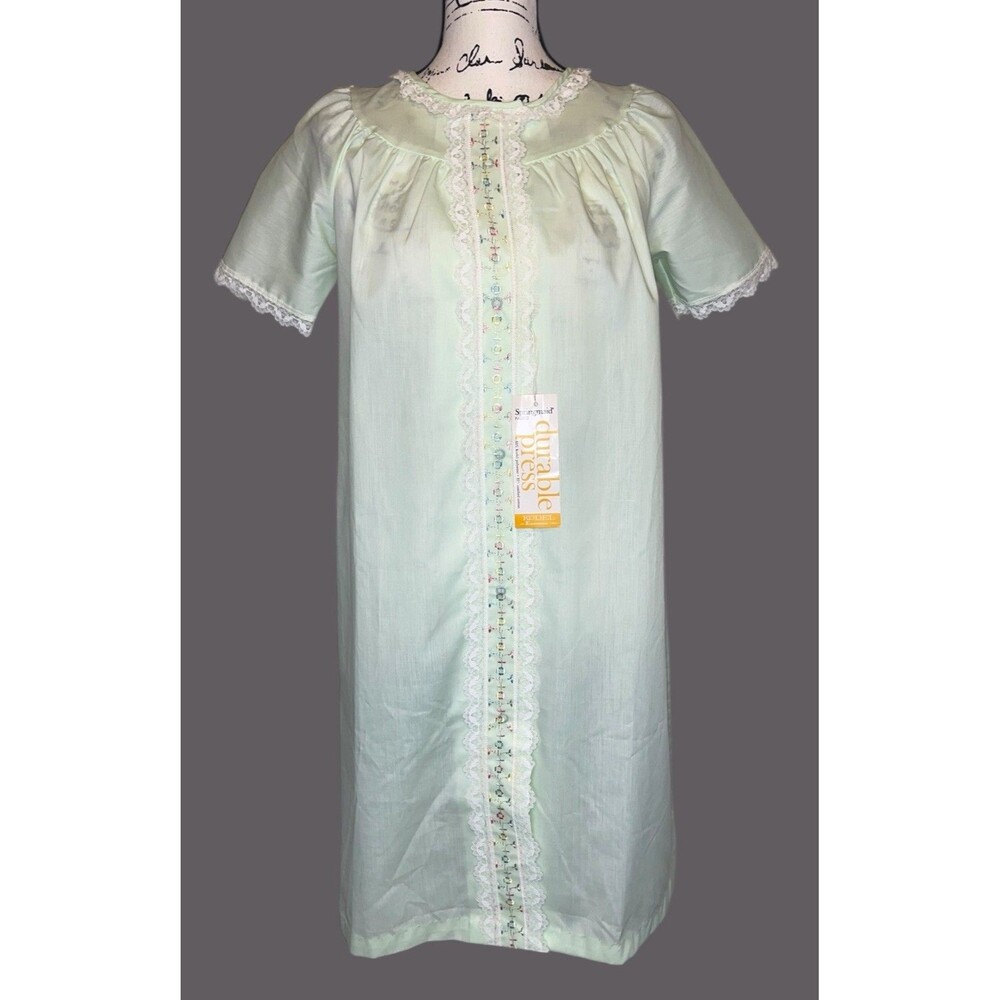 Vtg Smart Time Lace Trim Housecoat Nightgown Size 10 Green Embroidery NOS